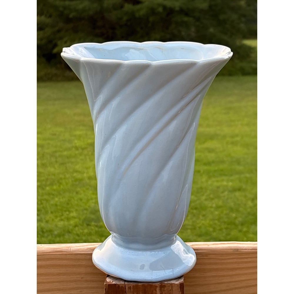 Vintage Light Blue Ceramic Swirl Vase Scalloped Rim Spiral Pedestal 9.5 Inch